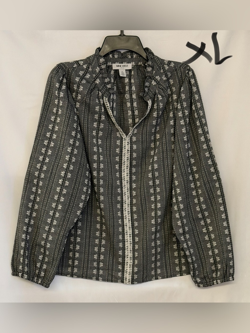 Nine West Black and White Floral Stripe Ruffle Button-Down